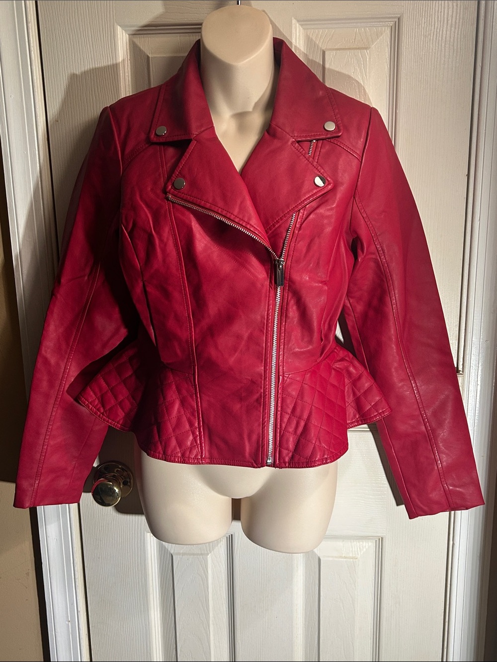 New York & Company Red Faux Leather Peplum Moto Jacket
